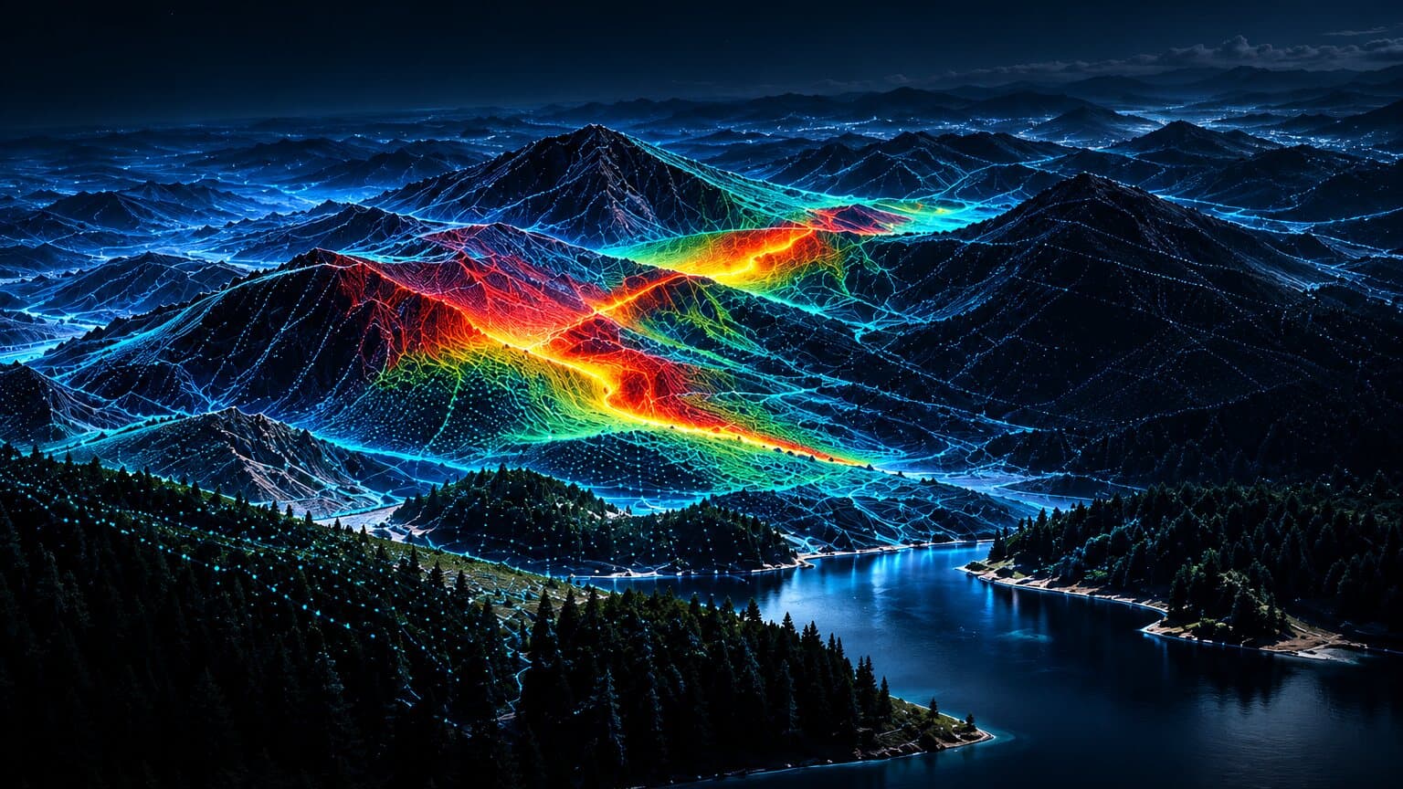 The same mountains mapped by LiDAR, with an AI heat map showing where fire would spread.